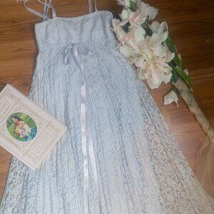 Incredible 1970s Prairie peasant maxi dress in blue pink ombré pastel lace